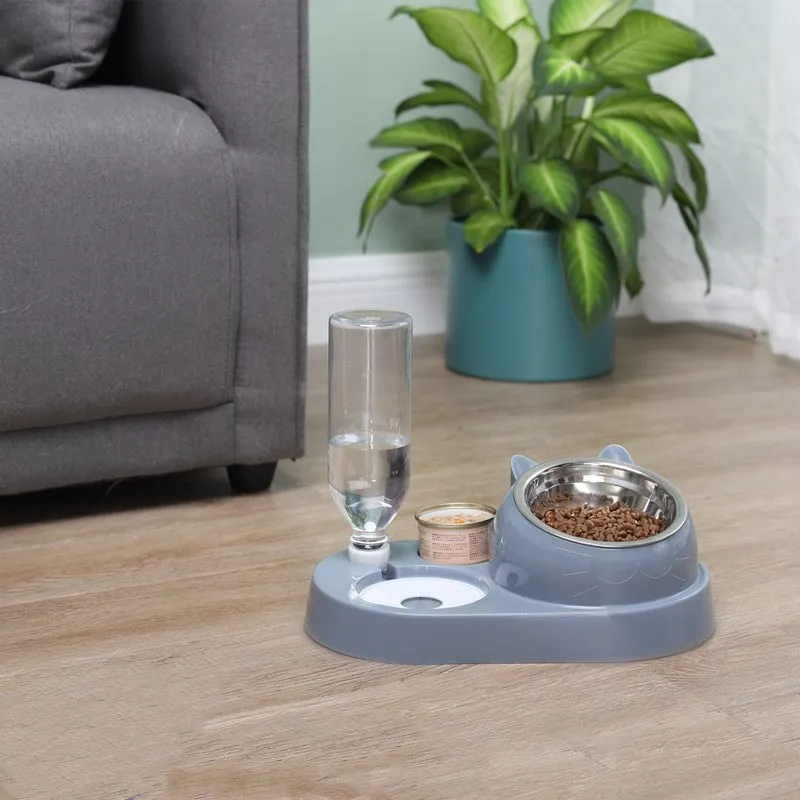 Huatang Season double bowl cat drinker and cat basin in grey, 32cm long, on a light background