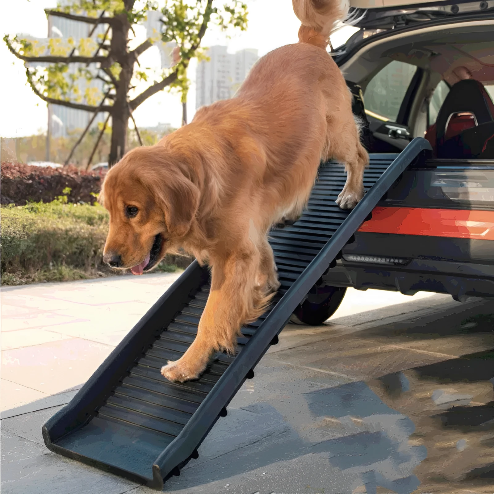 Pet folding ladder slope in black plastic with non-slip steps, 2.8kg weight