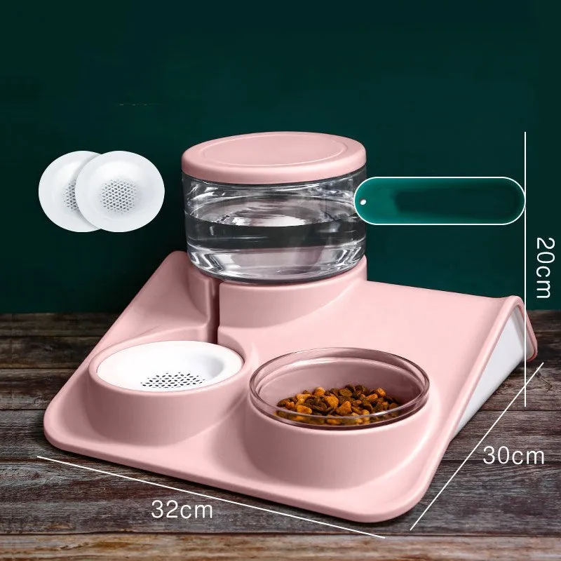 Automatic pet water feeder in grey with 1.8L capacity and separate grain bowl on non-slip base