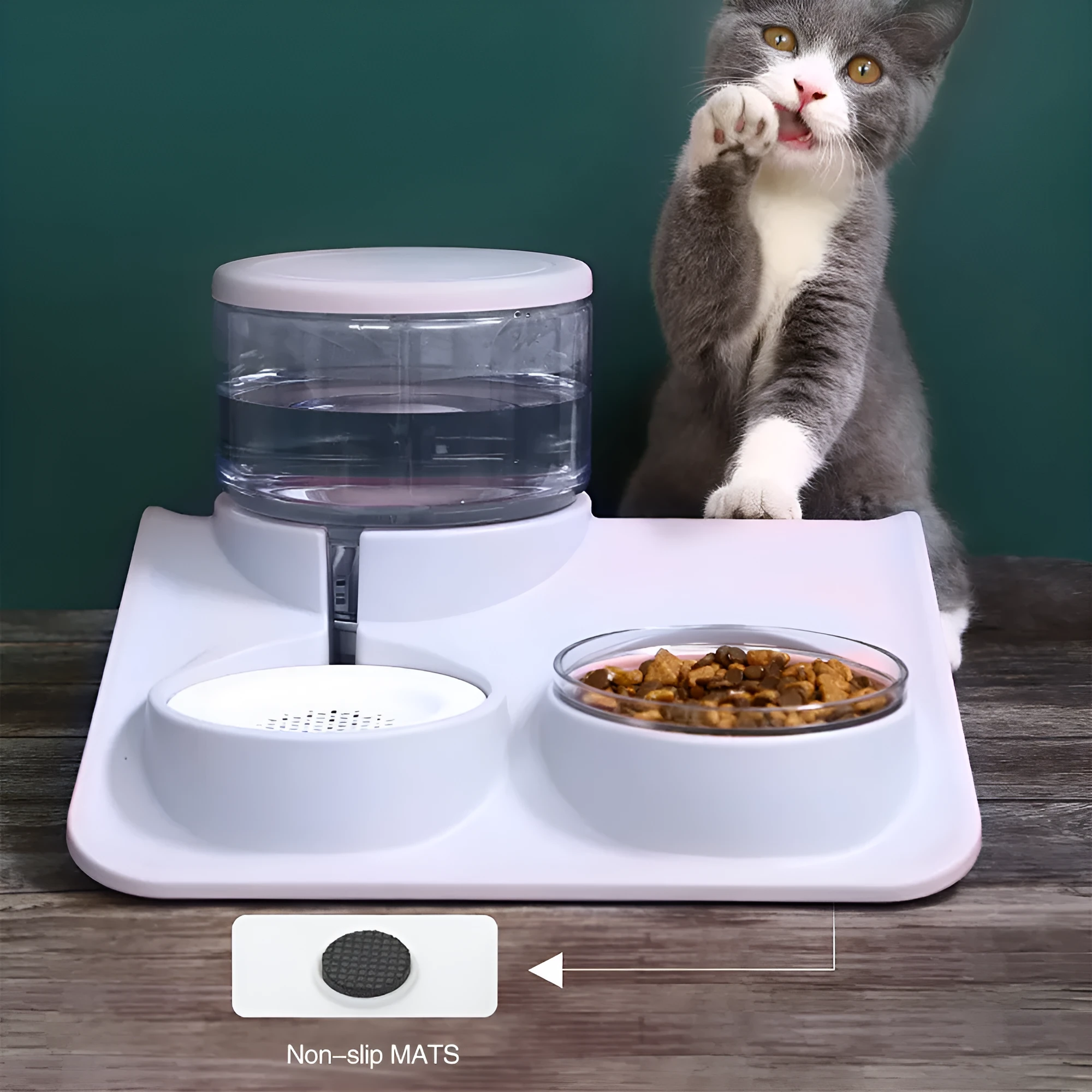 Automatic pet water feeder in grey with 1.8L capacity and separate grain bowl on non-slip base