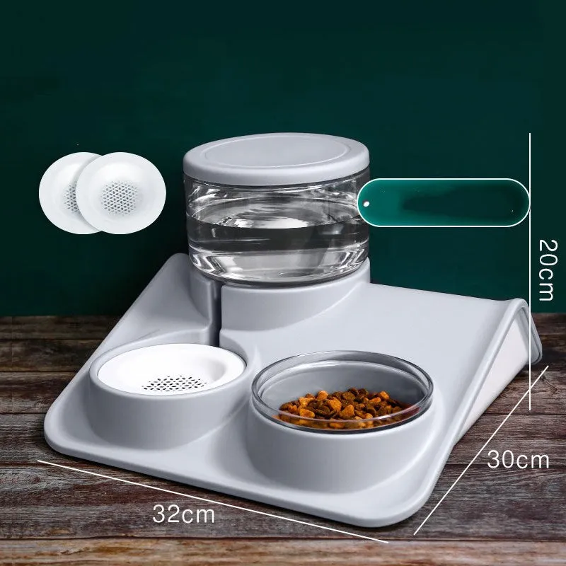 Automatic pet water feeder in grey with 1.8L capacity and separate grain bowl on non-slip base