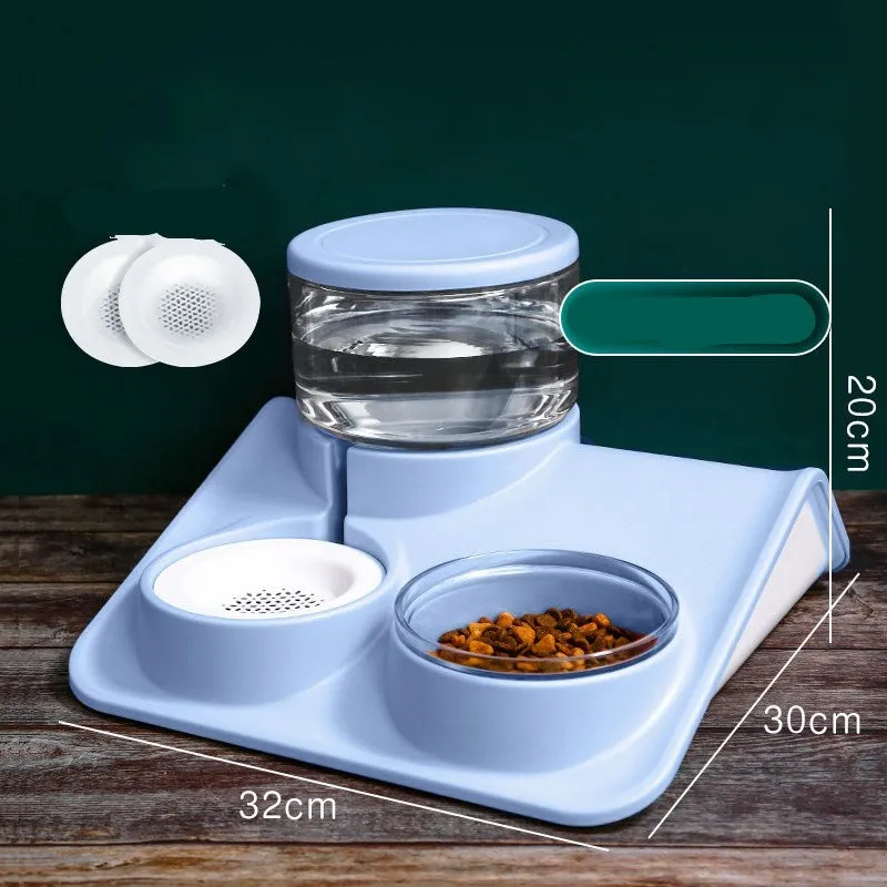 Automatic pet water feeder in grey with 1.8L capacity and separate grain bowl on non-slip base