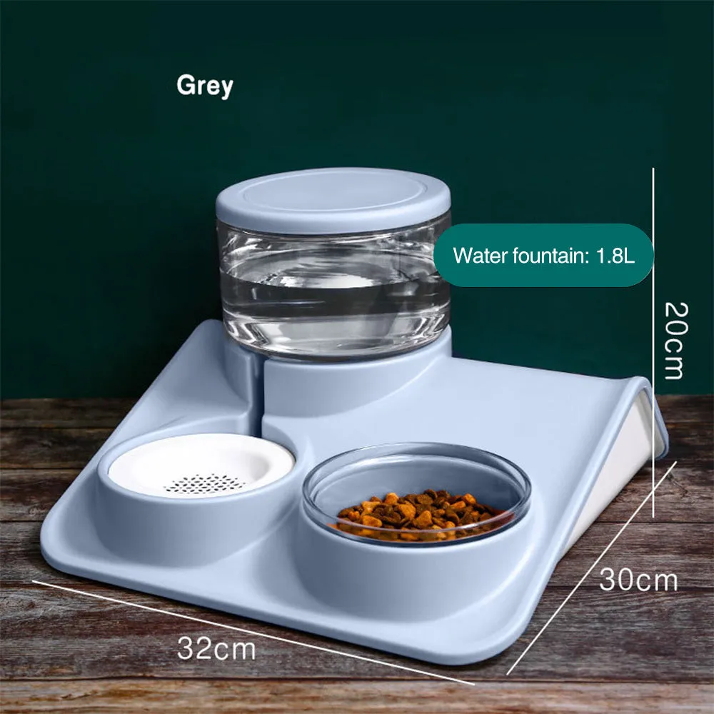 Automatic pet water feeder in grey with 1.8L capacity and separate grain bowl on non-slip base