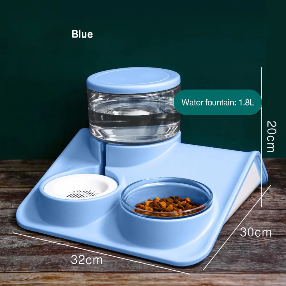 Automatic pet water feeder in grey with 1.8L capacity and separate grain bowl on non-slip base