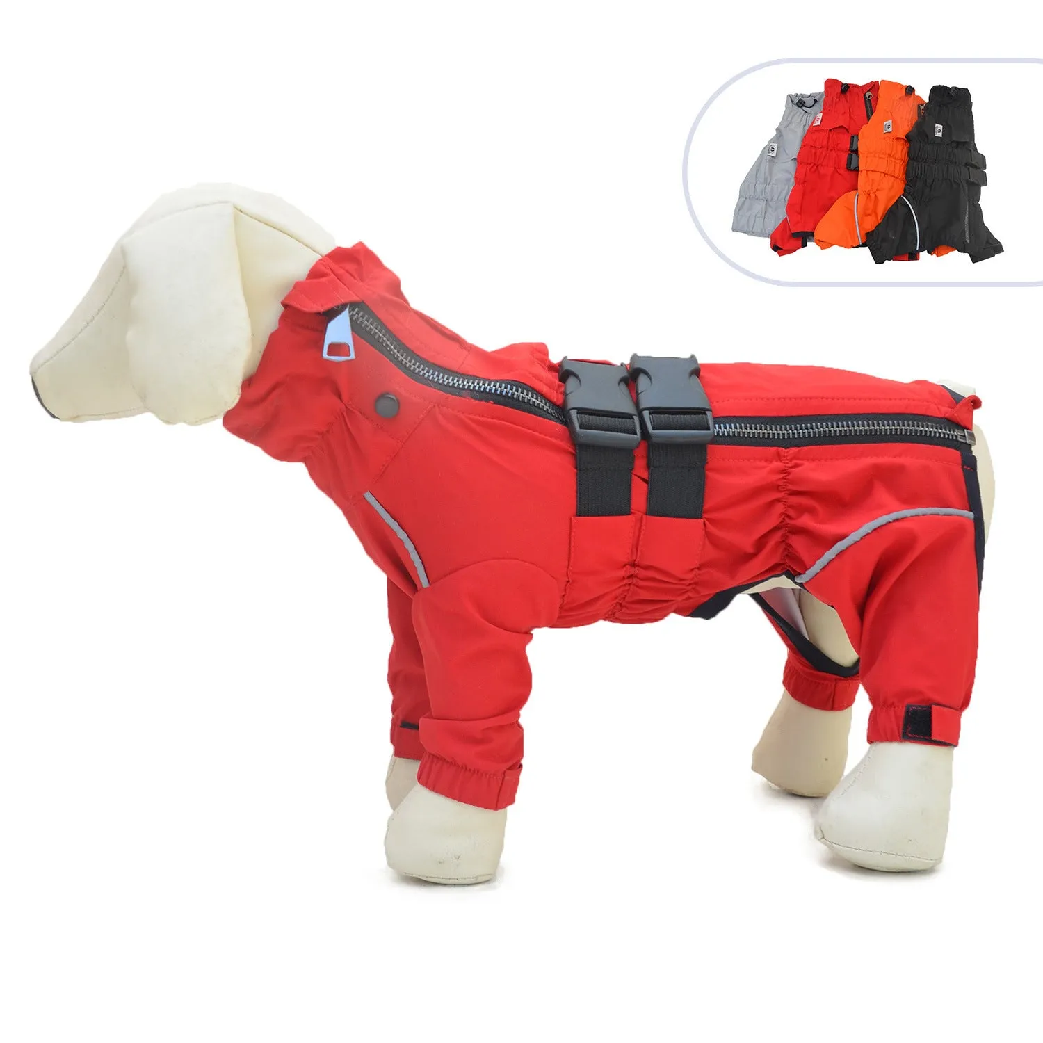 Outdoor four legged dog raincoat in polyester, black colour, on a dog standing in wet grass