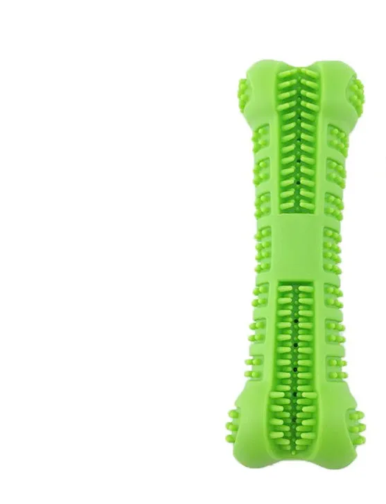 Blue silicone bone-shaped dog toothbrush with 360-degree bristles on white background