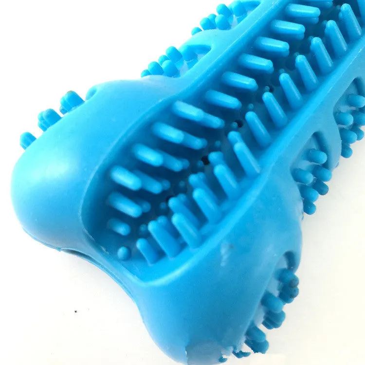 Blue silicone bone-shaped dog toothbrush with 360-degree bristles on white background
