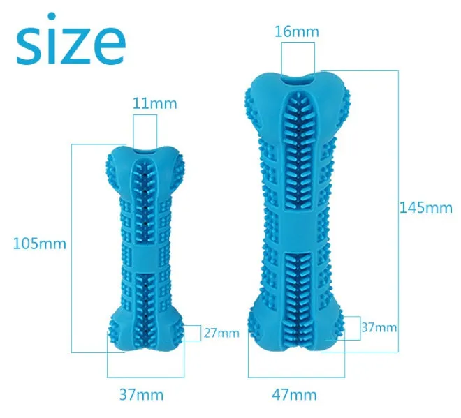 Blue silicone bone-shaped dog toothbrush with 360-degree bristles on white background