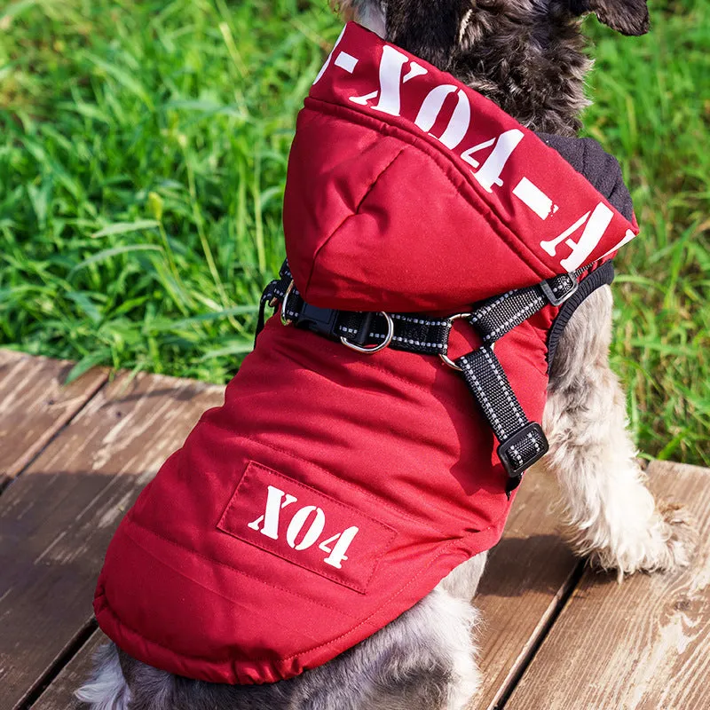 Red fleece-lined waterproof dog winter jacket with hood on medium-sized dog