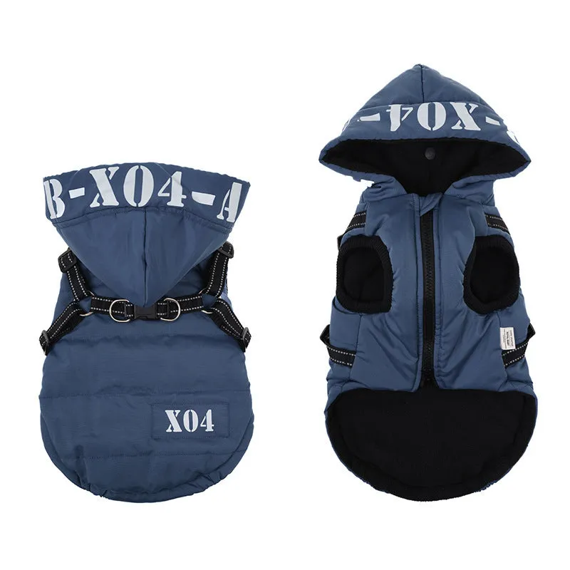 Red fleece-lined waterproof dog winter jacket with hood on medium-sized dog