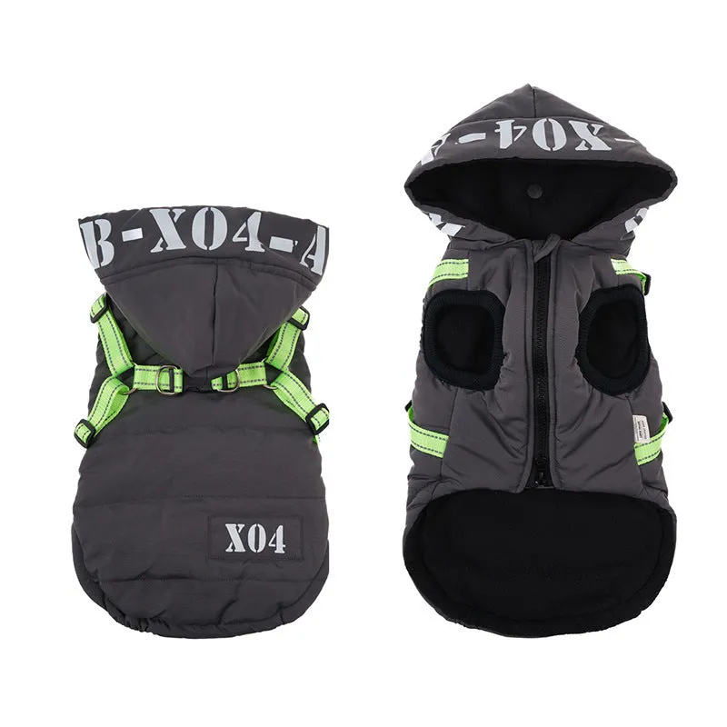 Red fleece-lined waterproof dog winter jacket with hood on medium-sized dog