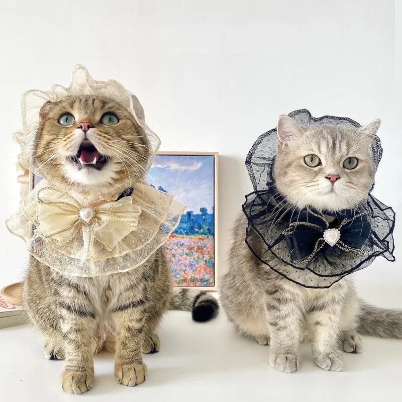 Off white mesh lace pet hat and bib set for cats and dogs princess style