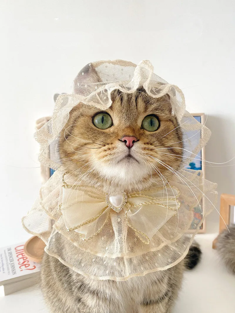 Off white mesh lace pet hat and bib set for cats and dogs princess style