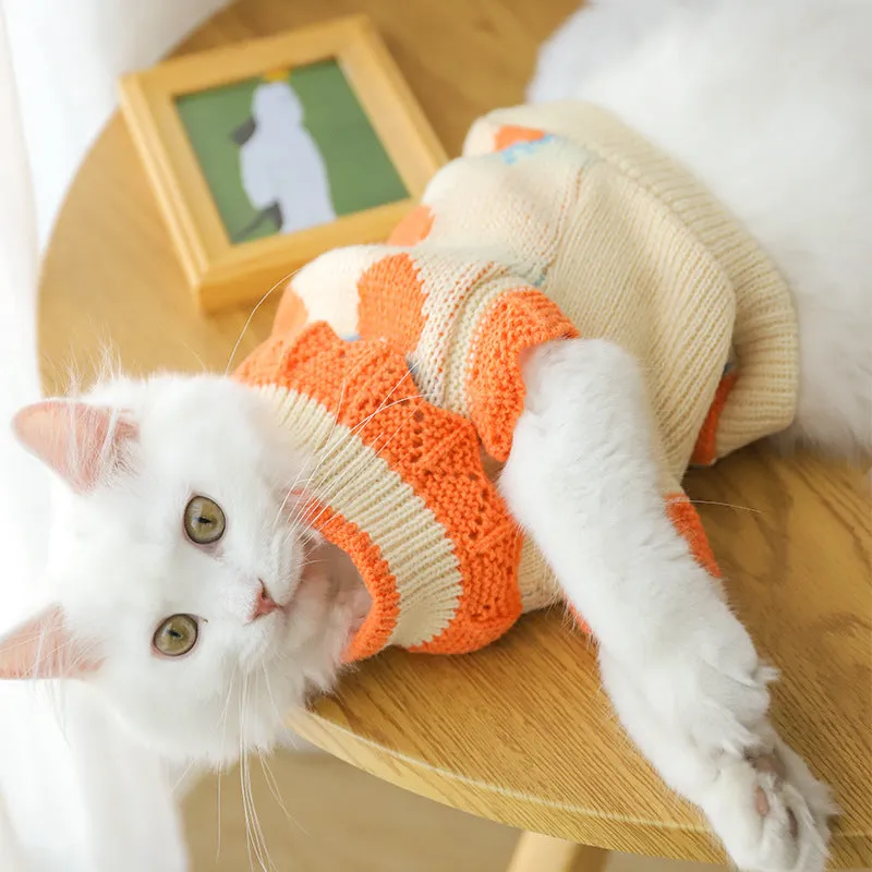 Orange acrylic cat sweater for fall shedding prevention on a cat, casual style, size L