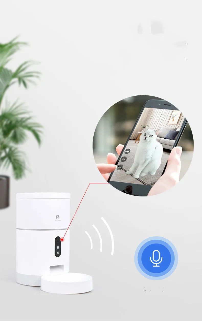 White smart WiFi pet feeder with 1080p camera and 4L capacity on a kitchen counter