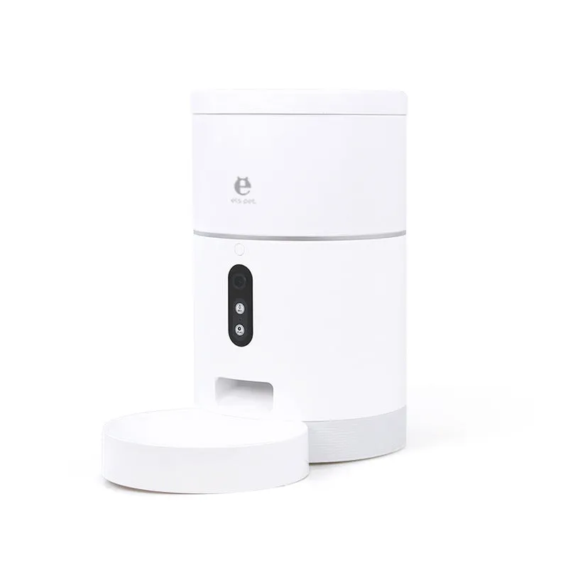 White smart WiFi pet feeder with 1080p camera and 4L capacity on a kitchen counter