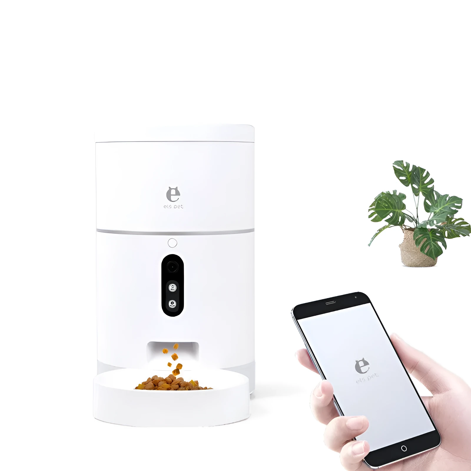 White smart WiFi pet feeder with 1080p camera and 4L capacity on a kitchen counter