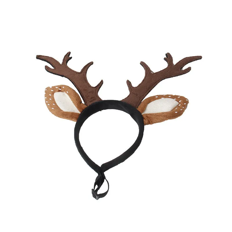 Yellow plush pet antler headband with adjustable hoop on a dog, Christmas reindeer costume