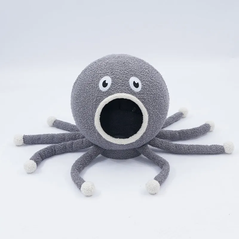 Plush octopus‑shaped cat nest in octopus colour, 40x40x42 cm, with raised eyes and soft cloth surface.