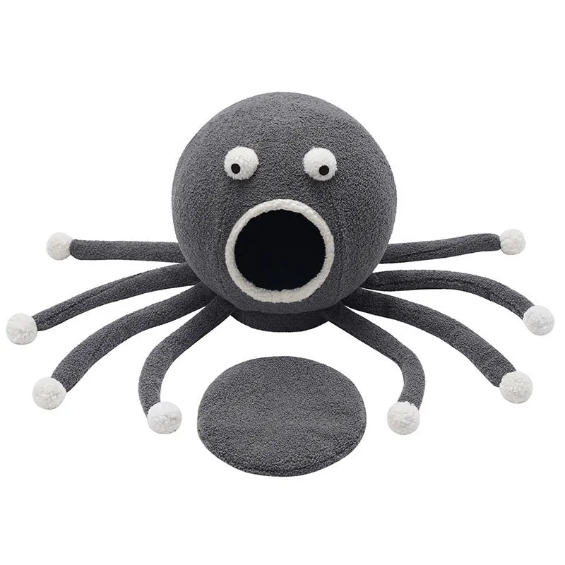 Plush octopus‑shaped cat nest in octopus colour, 40x40x42 cm, with raised eyes and soft cloth surface.