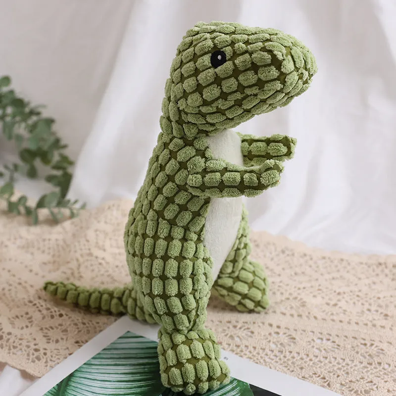Dog bite resistant plush sounding toy dinosaur in corn wool, orange colour, 29x14cm