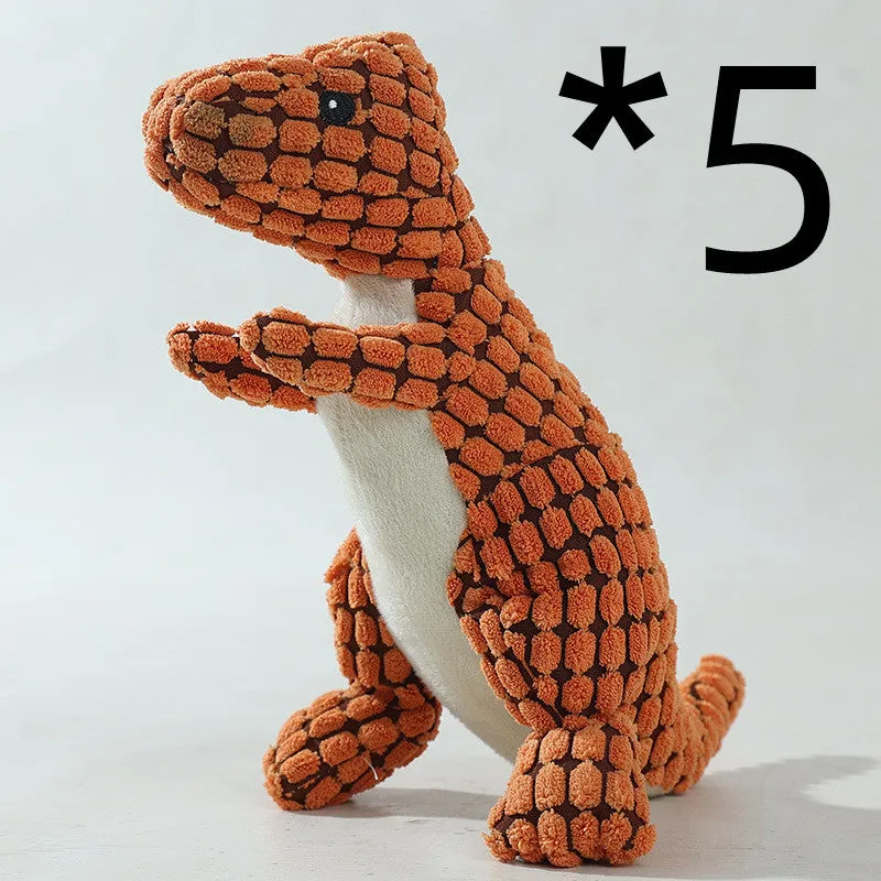 Dog bite resistant plush sounding toy dinosaur in corn wool, orange colour, 29x14cm