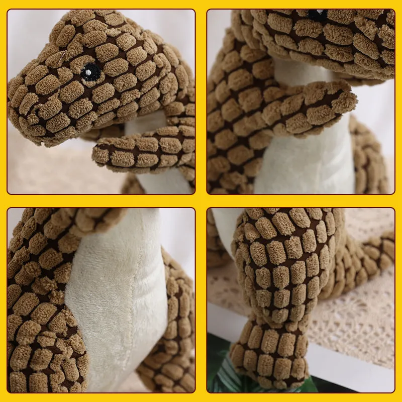 Dog bite resistant plush sounding toy dinosaur in corn wool, orange colour, 29x14cm