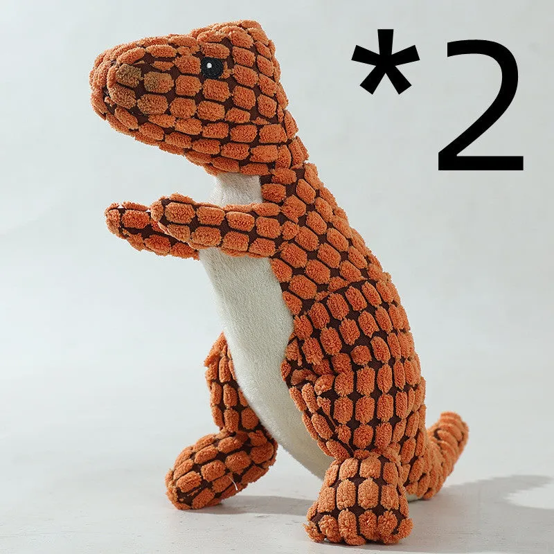 Dog bite resistant plush sounding toy dinosaur in corn wool, orange colour, 29x14cm