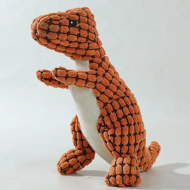 Dog bite resistant plush sounding toy dinosaur in corn wool, orange colour, 29x14cm