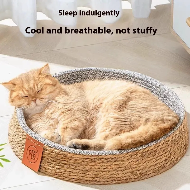 A natural rattan woven cat bed or nest, shown empty, suitable for small, medium, large, or extra-large cats.