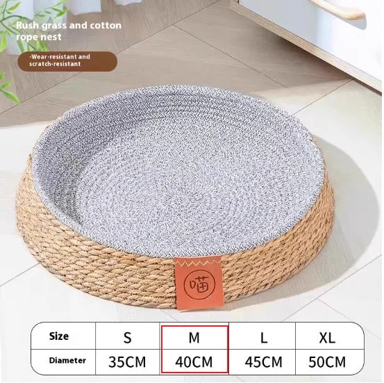 A natural rattan woven cat bed or nest, shown empty, suitable for small, medium, large, or extra-large cats.