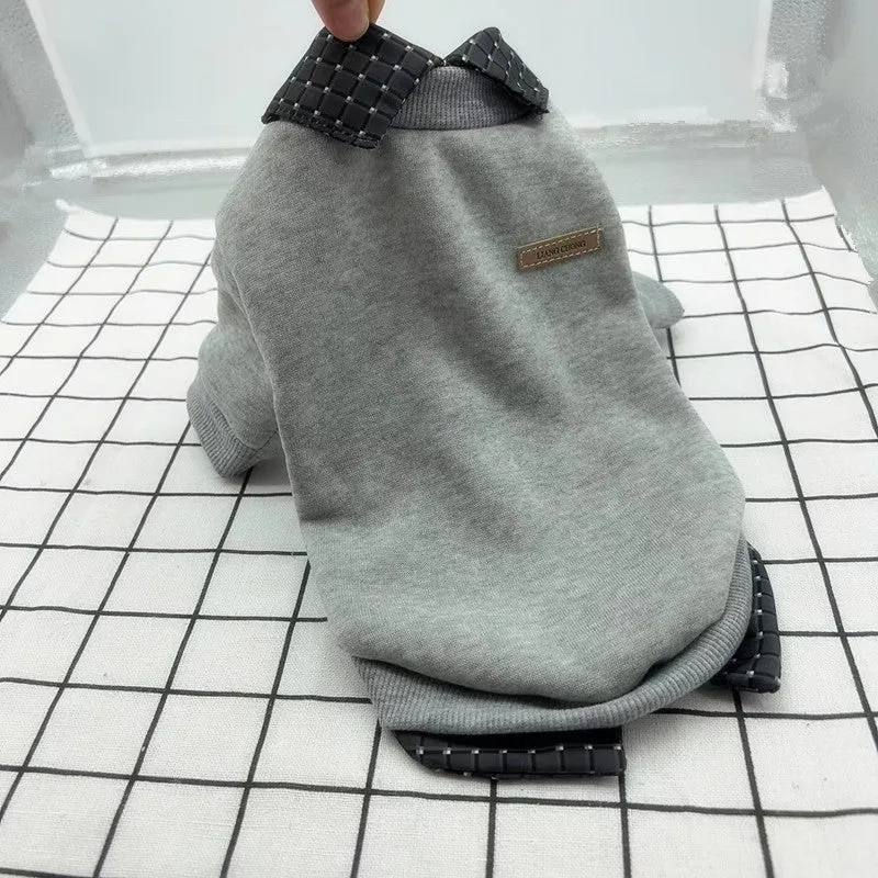 Two-piece grey dog sweater with detachable collar hoodie on canine model showing adjustable design
