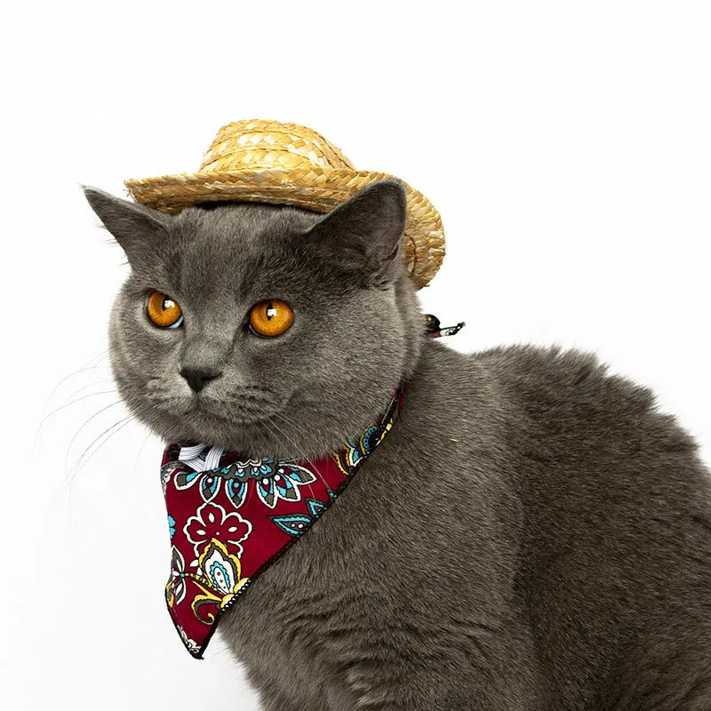 Pet cat western straw cowboy hat in brown, non-woven fabric, three sizes available