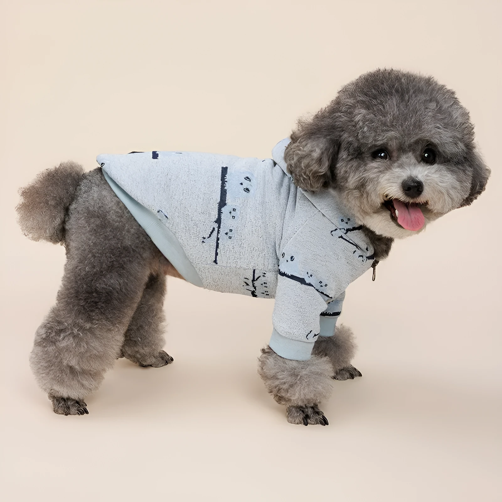 Casual blue pattern dog sweater coat with front zipper on medium-sized dog