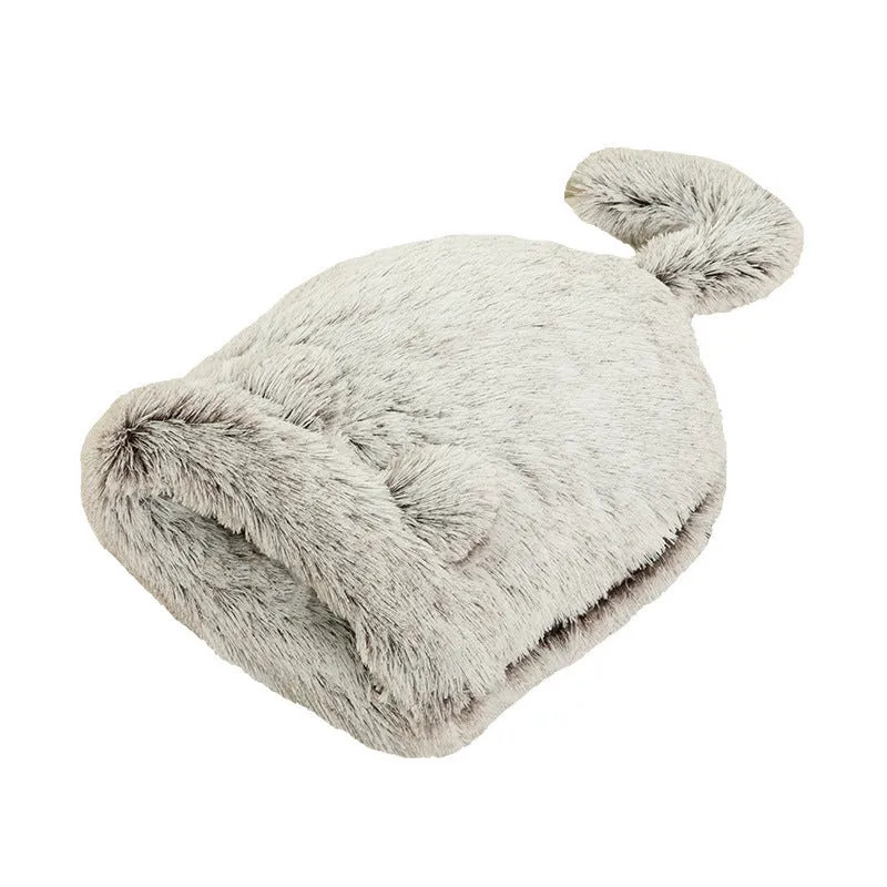 Plush round cat sleeping bag in grey+white offering a warm semi-enclosed pet nest with soft cloth finish