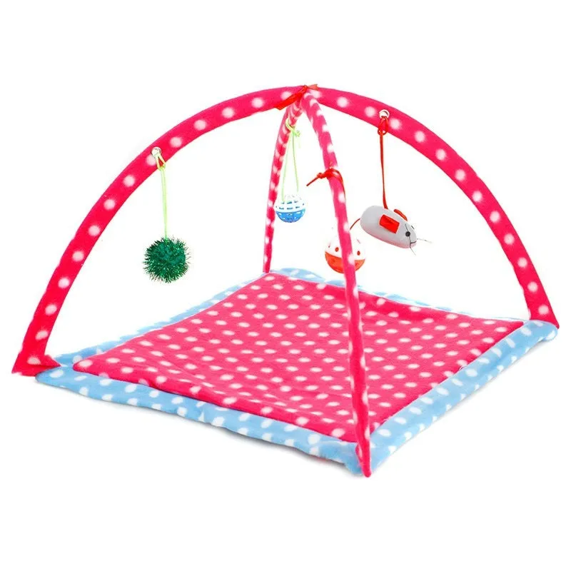 Cartoon cat play tent in bee pattern, foldable fleece hammock with two balls for kittens