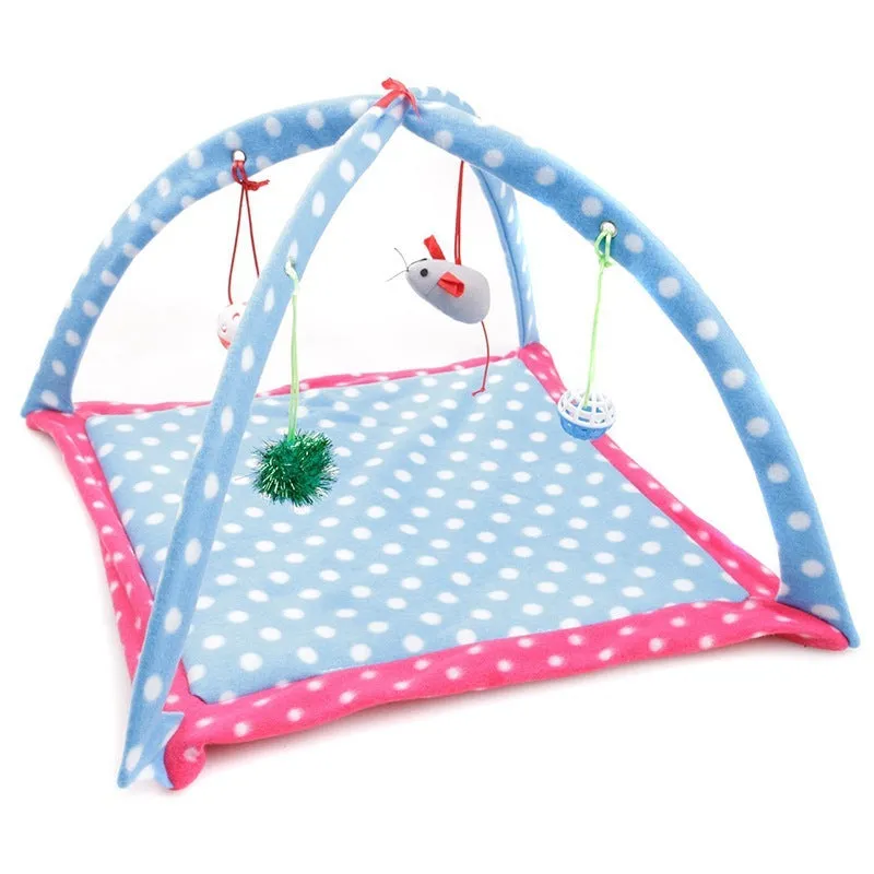 Cartoon cat play tent in bee pattern, foldable fleece hammock with two balls for kittens