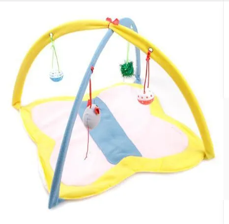 Cartoon cat play tent in bee pattern, foldable fleece hammock with two balls for kittens