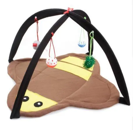 Cartoon cat play tent in bee pattern, foldable fleece hammock with two balls for kittens