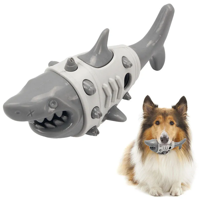 Blue grey yellow dog teething toy with shark-tooth pattern and bite-resistant rubber construction