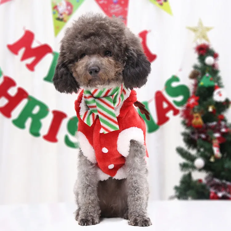 Red coral velvet Christmas dog t-shirt with tree and deer print and green scarf on light background