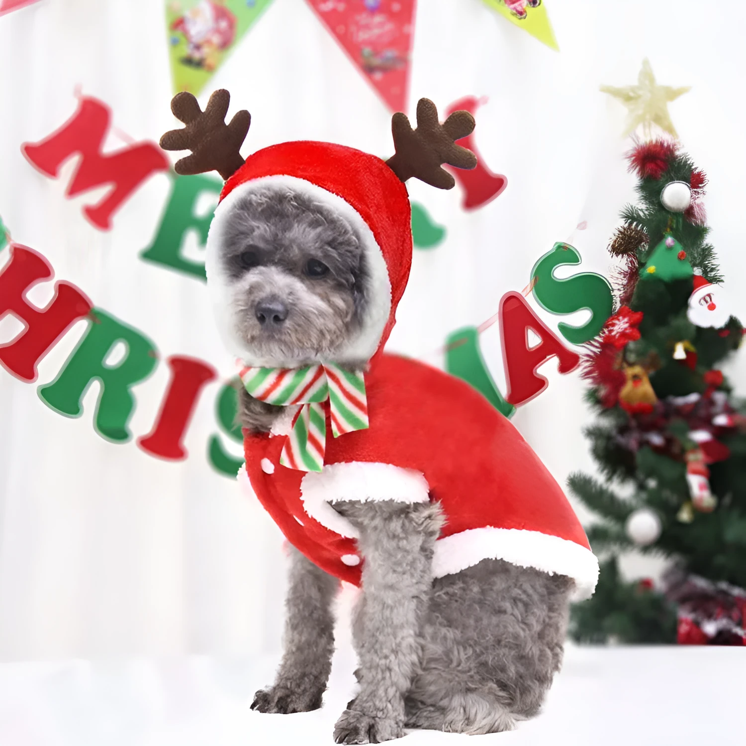 Red coral velvet Christmas dog t-shirt with tree and deer print and green scarf on light background