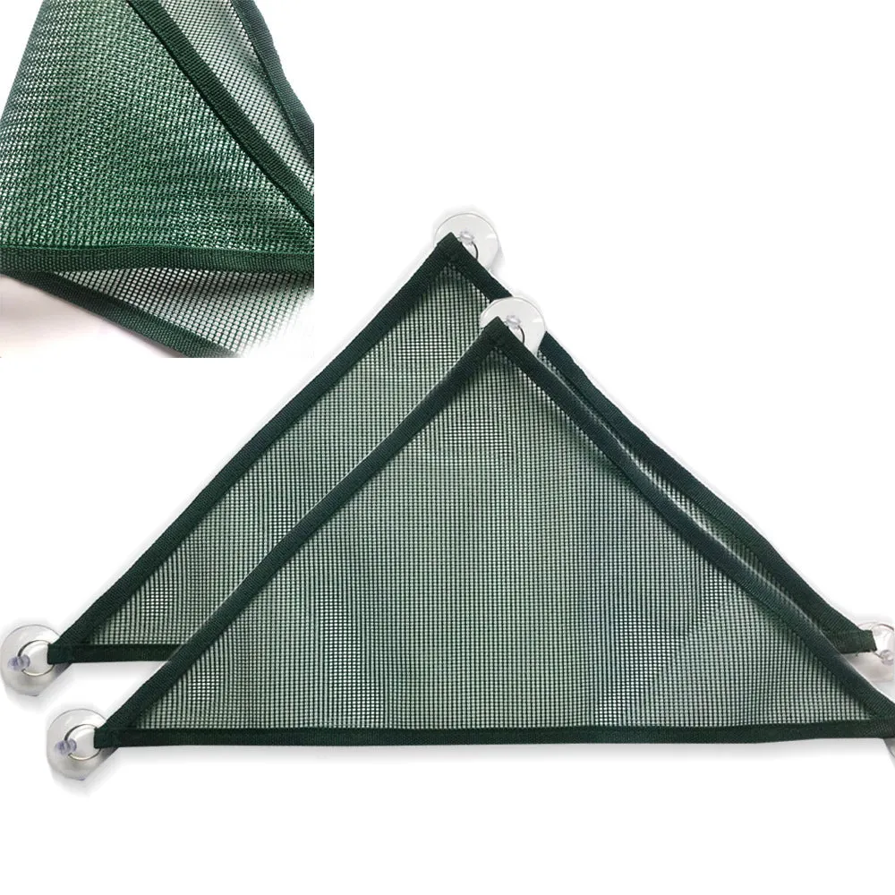 Two reptile hammocks with suction cups in black and green, small and large sizes on glass tank surface