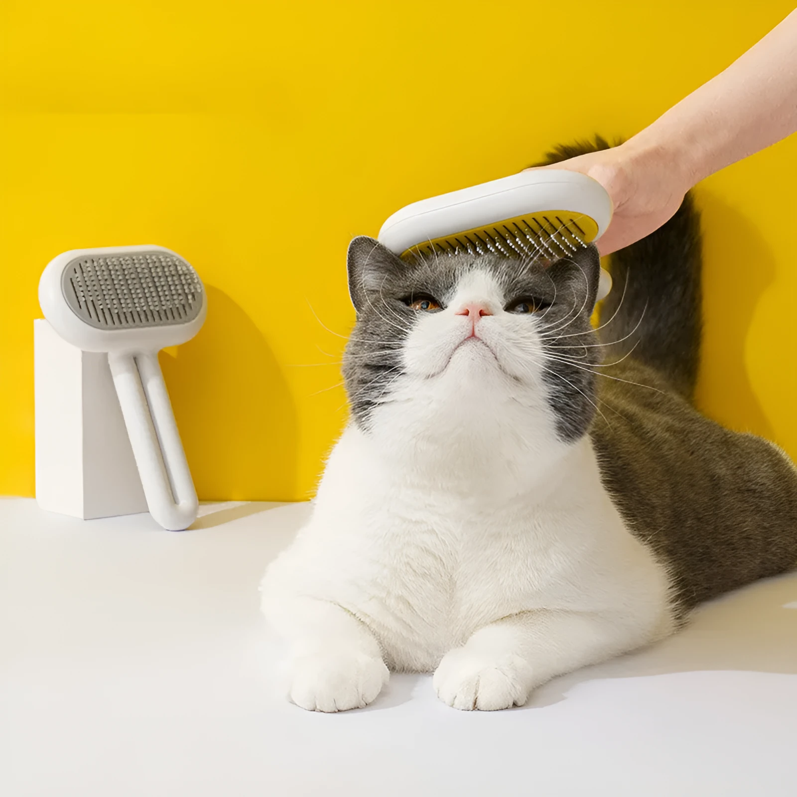 Grey capsule cat dog grooming comb with stainless steel needles on surface