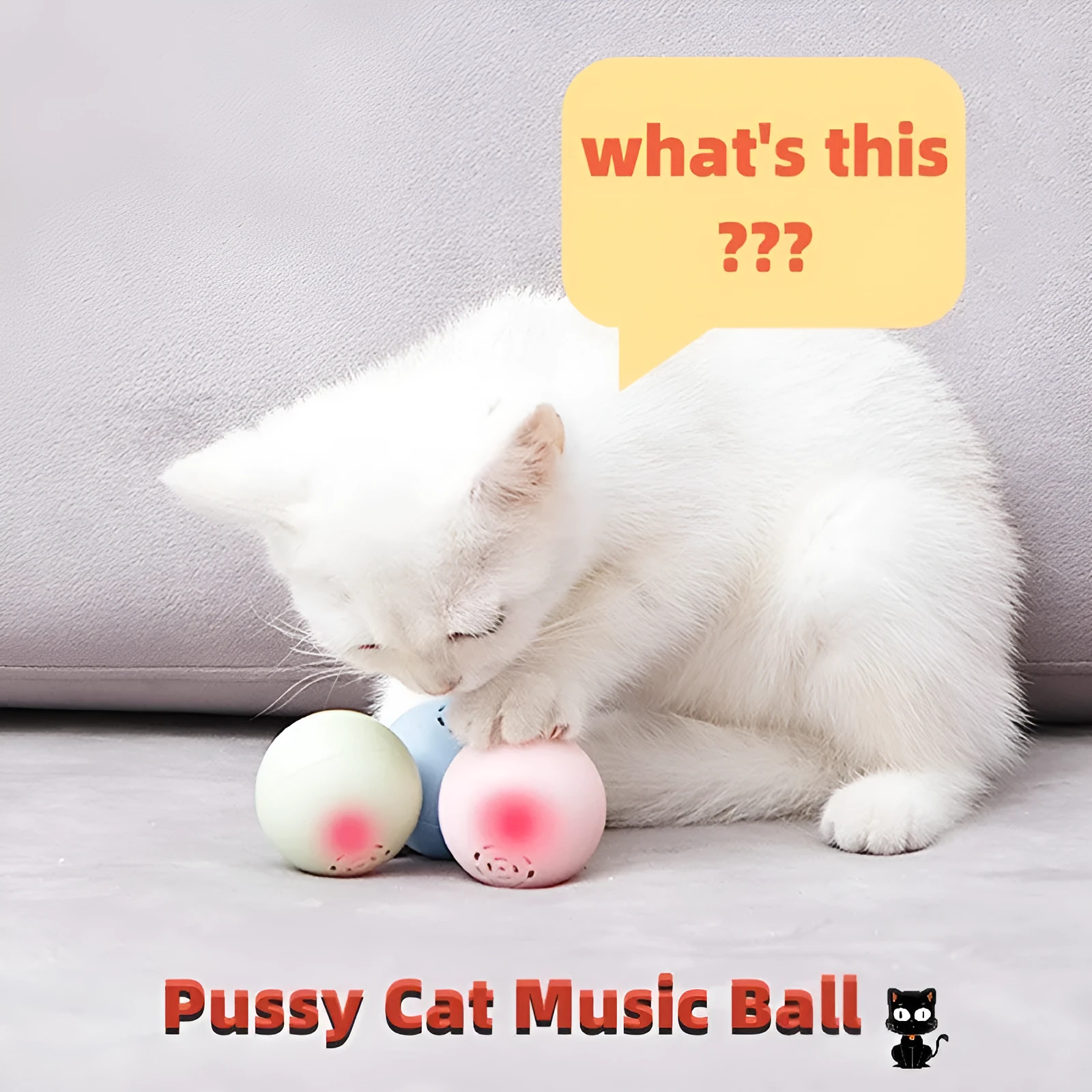 Self-hi pussy cat music ball with sounds and biteable texture in blue, green, and pink 46 mm