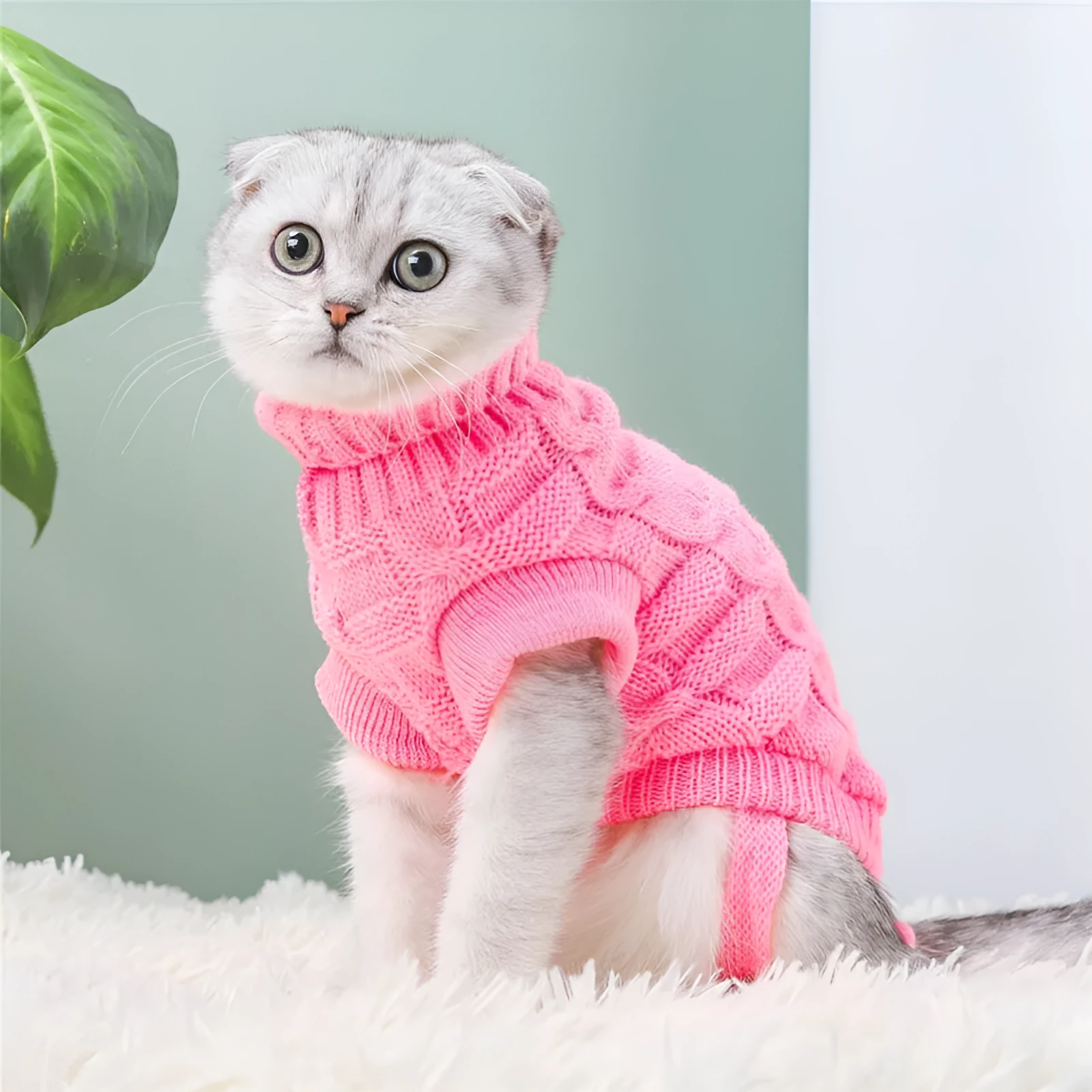 Cat wearing a knitted sweater in a bright colour, showing the pullover style for autumn winter pet clothing