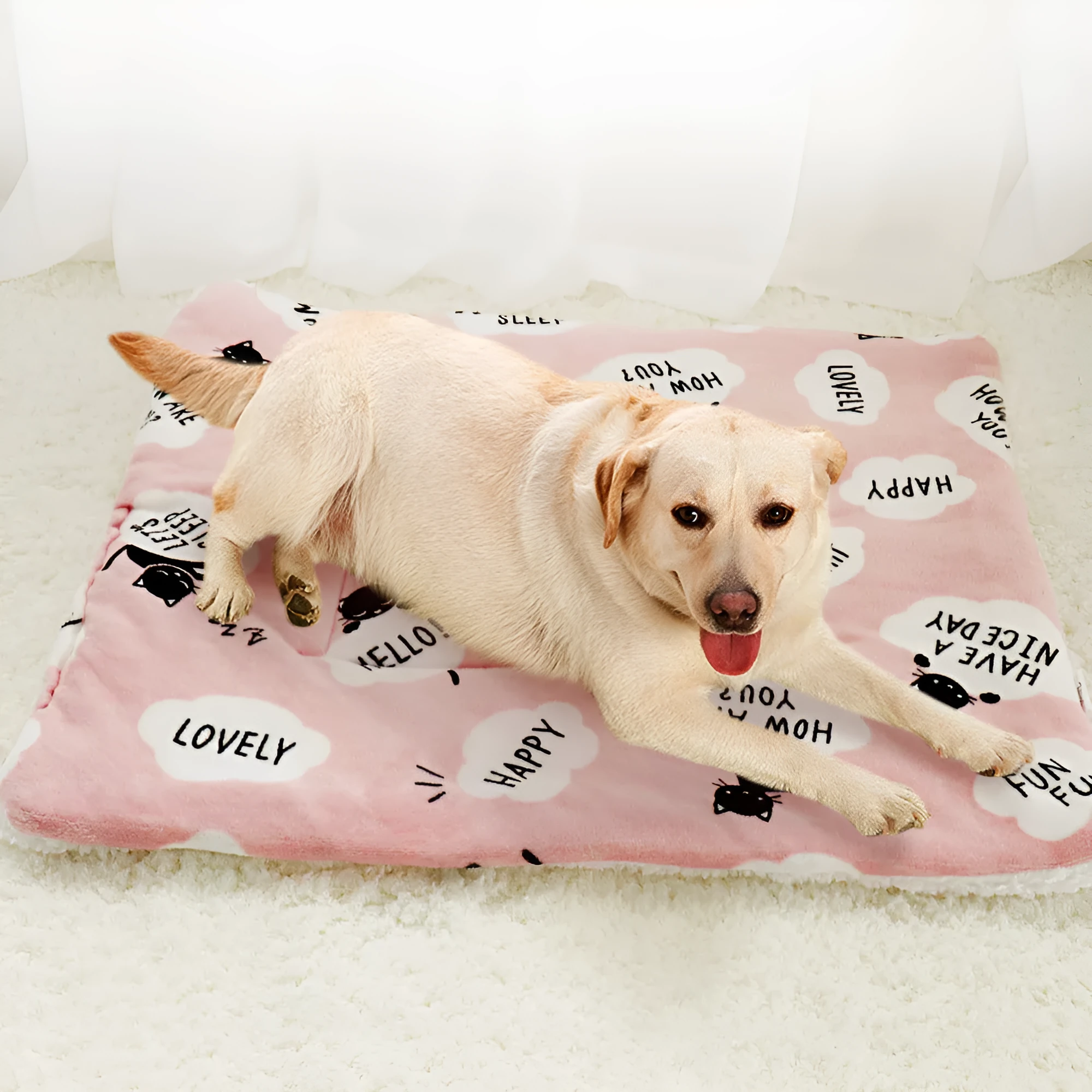 Lambskin pet blanket in flannel cashmere with cute cartoon pattern, grey colour, 55x70cm size on a pet bed