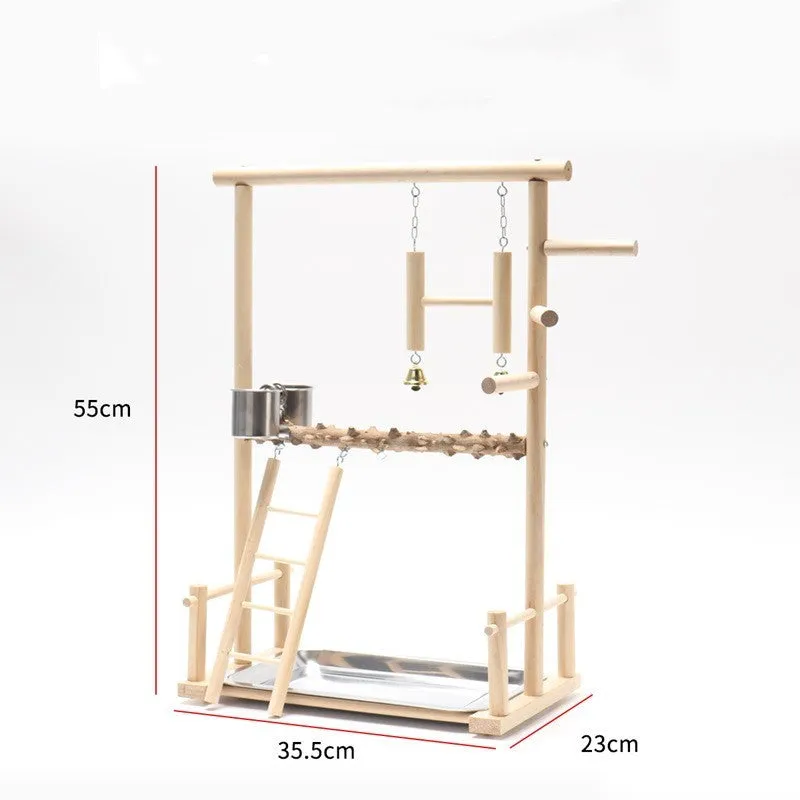 Bird playground stand with solid wood frame and pepper wood branches for parrots