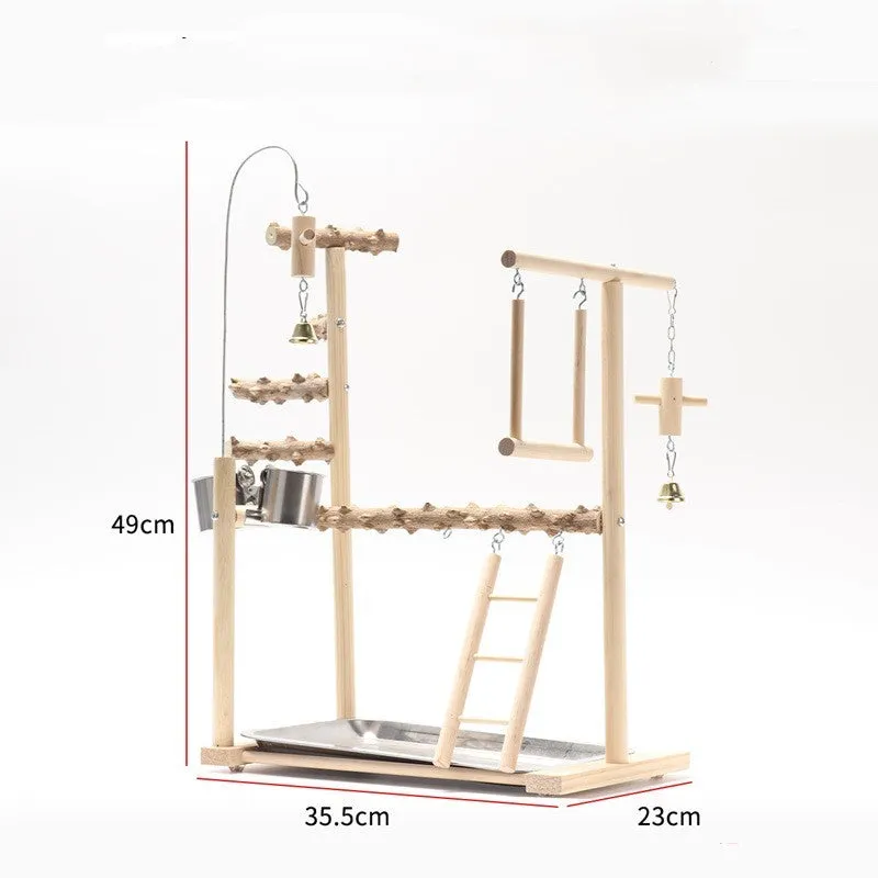 Bird playground stand with solid wood frame and pepper wood branches for parrots