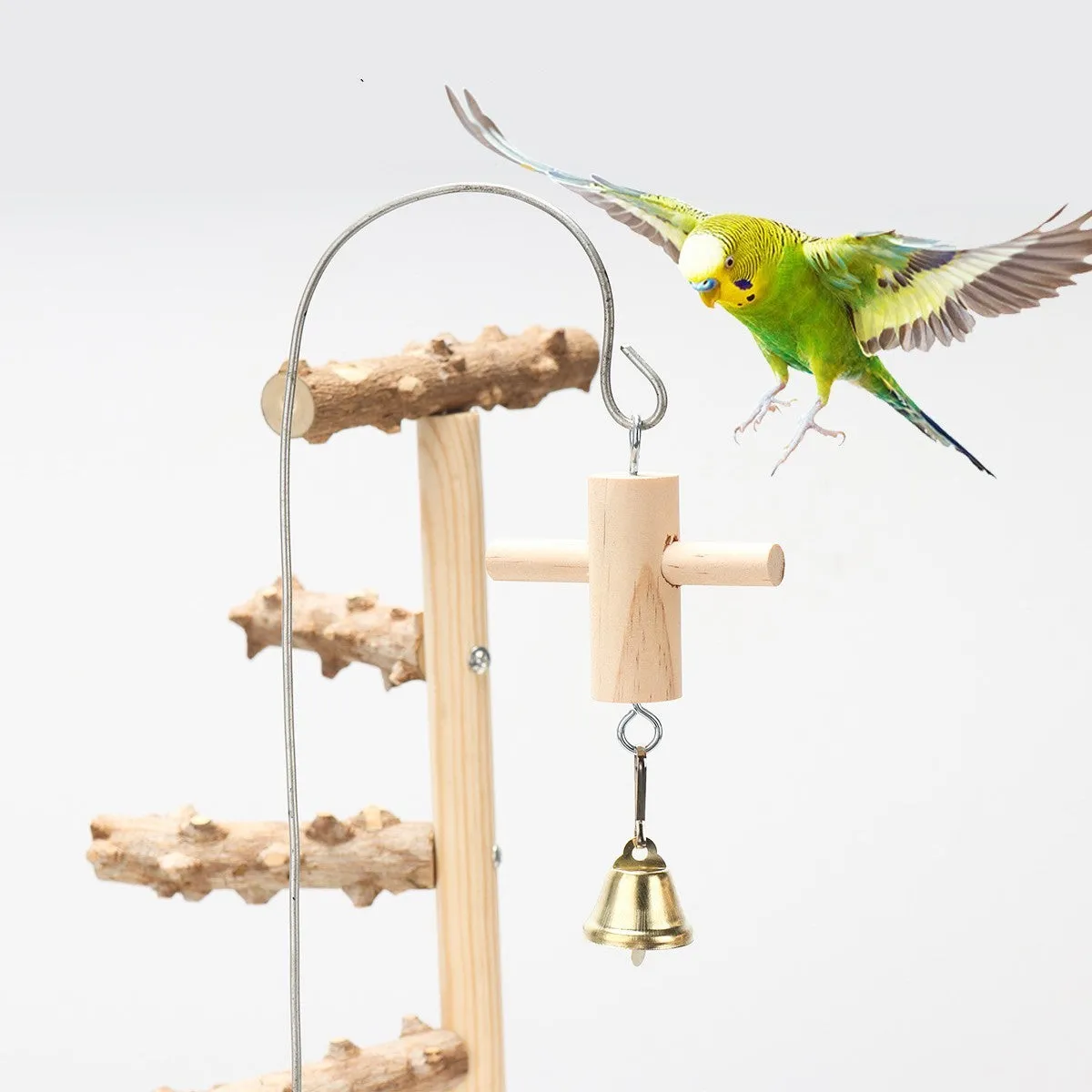 Bird playground stand with solid wood frame and pepper wood branches for parrots